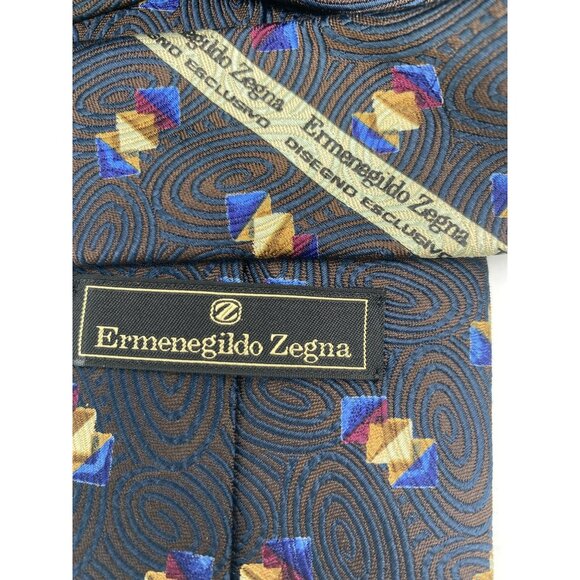 Ermenegildo Zegna Silk Tie Blue Brown Gold Red Geometric Swirl Abstract Italy - Picture 6 of 7